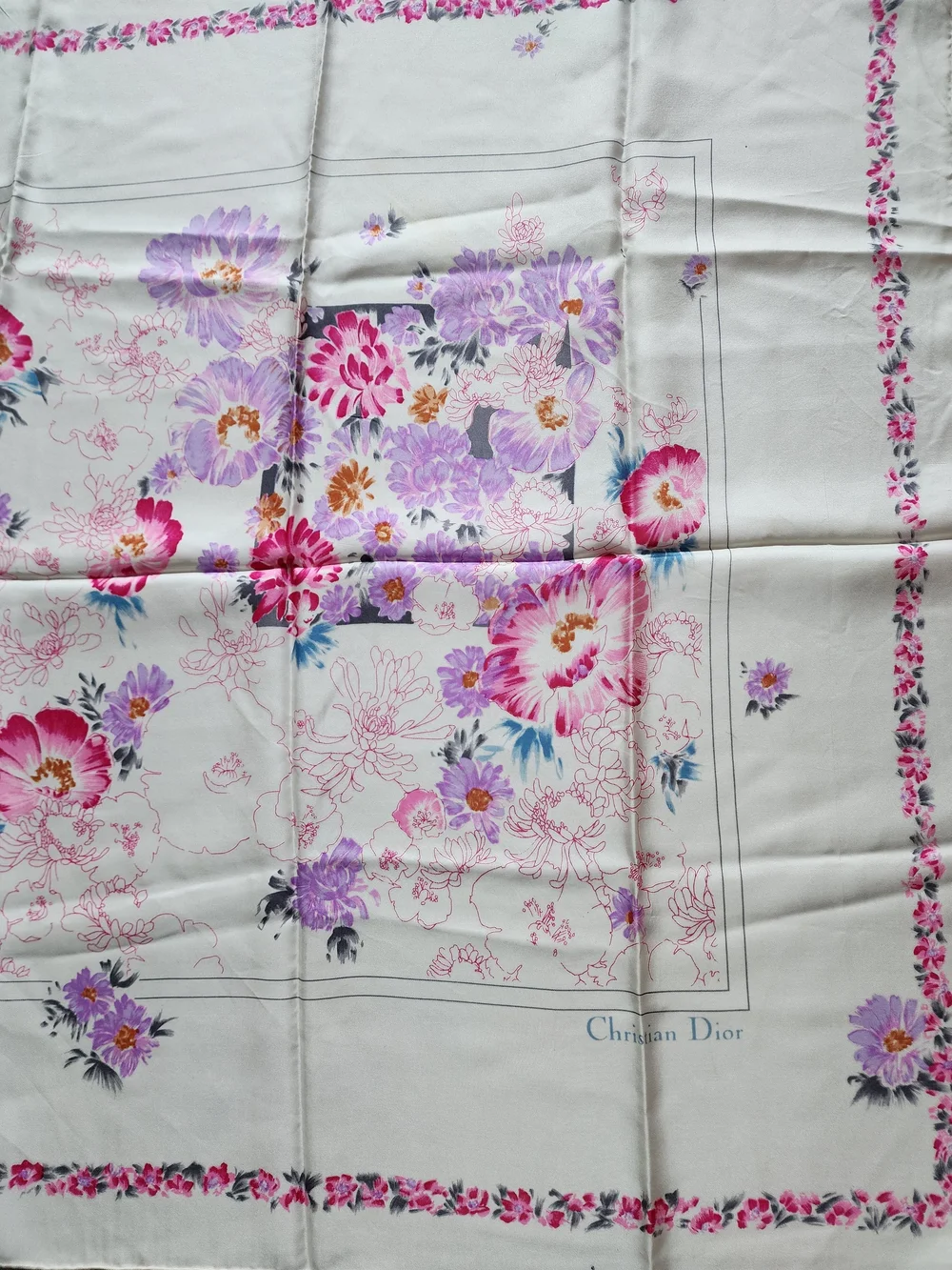 Auth Dior Floral Pink & Purple Blooms Silk Scarf